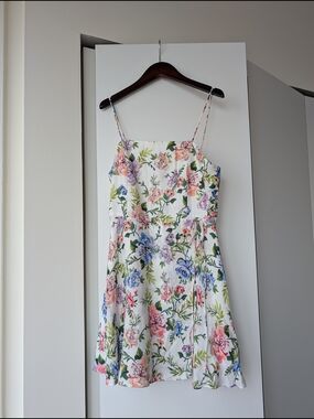 Floral Spaghetti Strap Sundress - White with Pink, Blue & Green Flowers